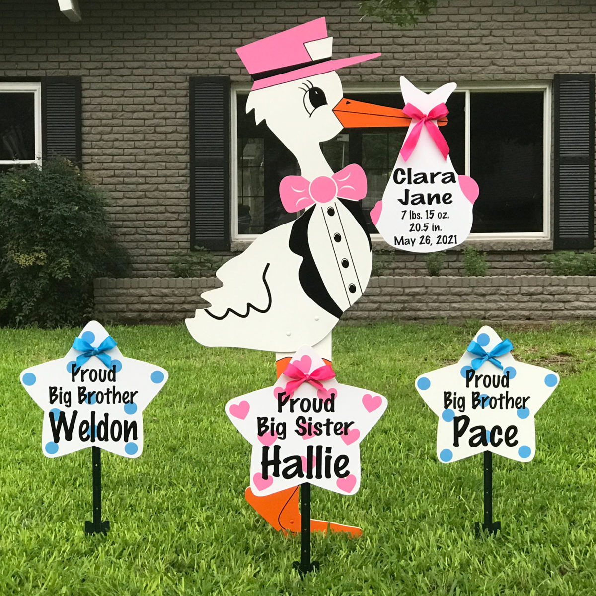 Pink Stork Sign with SIbling Stars: South Georgia Storks - Stork Sign Rentals in Valdosta, Lakepark, Hahira, Georgia